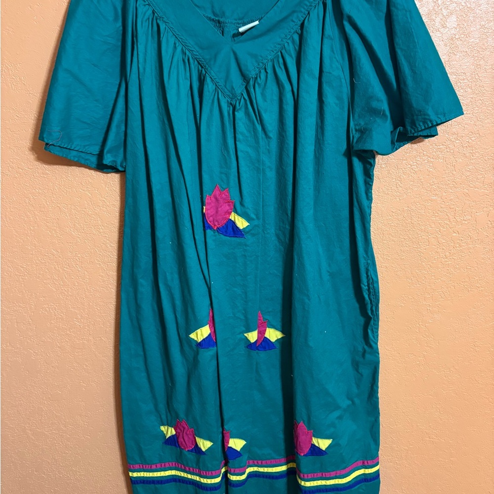 Vintage Teal Dress with Colorful Embroidery